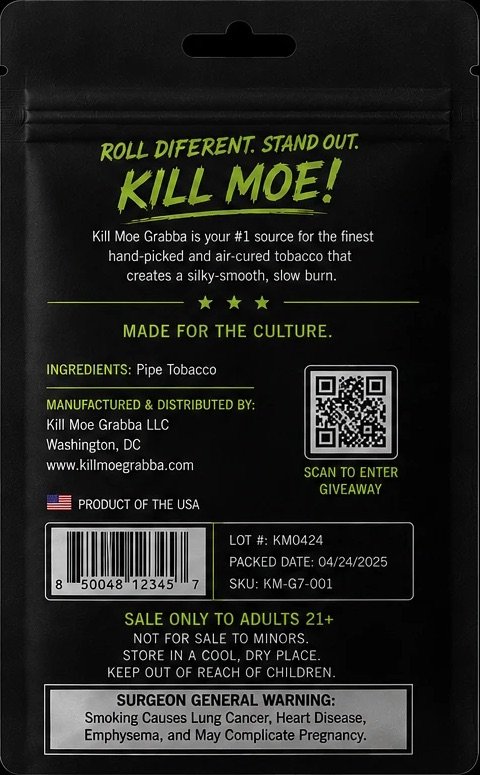 Back of the Kill Moe pouch with product details and the Surgeon General warning